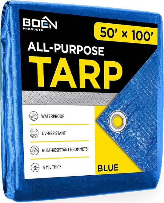 Multi-Purpose Large Tarp Waterproof Cover | Blue, 50' x 100' 5 Mil Thick | Rip Proof Tarps | Thick Weave Material, UV Resistant Great for Tarpaulin Canopy Tent, Boat, RV or Pool Cover