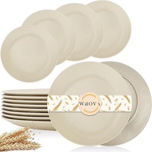Wheat Straw Dinner Plates 9 Inch Unbreakable Set of 8 - Dishwasher & Microwave Safe Plastic Plates Reusable - Lightweight Plates for kitchen,camping,salad,appetizer - Beige