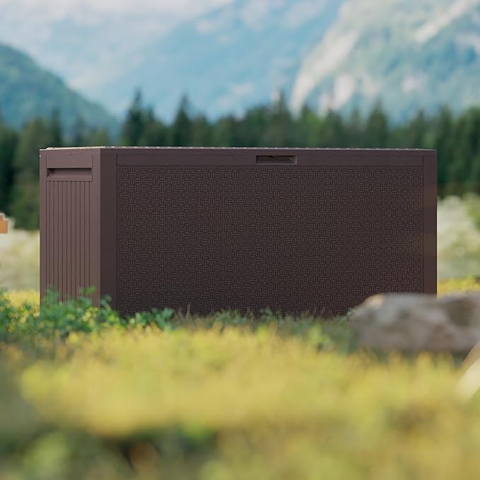 90 Gallon Outdoor Storage Box, Lockable Package Outside Storage Box Waterproof, Patio Cushions Deck Storage Boxes, Rattan Plastic Garden Hose Containers Resin Pool Storage Bins with lids, Brown