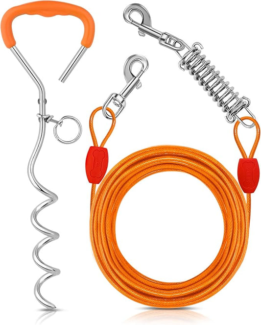 Petbobi Dog Tie-Out Cable and Stake - 30ft Heavy Duty Cable with Spring, No Tangle, 16in Ground Stake, Ideal for Yard, Camping and Beach, Suitable for Small Medium Large Dogs Up to 120 lbs, Orange