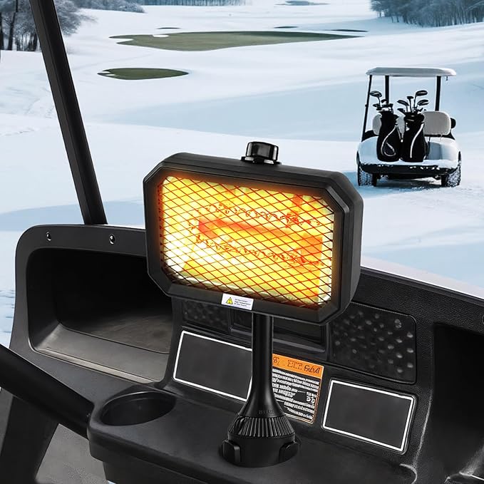 Golf Cart Electric Heater, 400W Safe and Quiet Carbon Fiber Heating, Heat Up 120 Square Feet for 48V Club Car/Yamaha/EZGO Golf Cart Battery Operated Heater & Cup Holder Adapter, Black