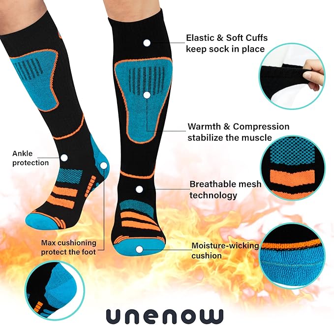 Merino Wool Ski Socks 2 Pairs, Thermal Knee High Warm Socks for Snowboarding, Hiking, Cold Weather, Snow, Hunting