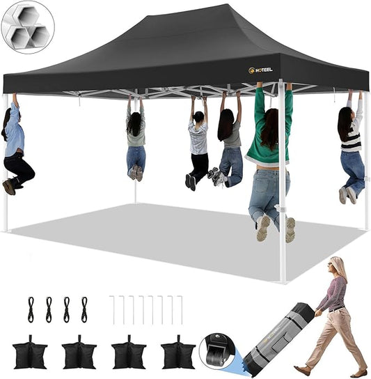 HOTEEL 10x15 Pop up Canopy Tent for Parties, Heavy Duty Easy Setup Tent Without Sidewalls, Outdoor Commercial Instant Gazebo for Wedding Event, with Roller Bag & Sand Bags, Black(Hexagonal Frame)