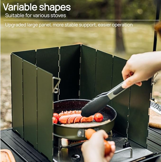 Foldable Camping Stove Windscreen, Green Aluminum Outdoor Windshield Gas Stove Lightweight Wind Screen for Camping, Glamping, Hiking, Picnic, Backpacking, Cooking, Fishing