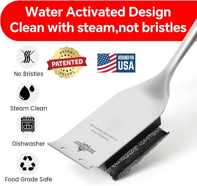 Grill Brush Bristle Free,Unique Steel Fibers Pad [Safe & Efficient] Perfect for Cast Iron/Stainless-Steel Grates- with 1 Replaceable Head,Grill Cleaner for Outdoor Gril,Gifts for Men/Dad