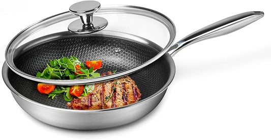 Innerwell Stainless Steel Frying Pan Nonstick Frying Pan with Lid 10 Inch Honeycomb Stainless Steel Skillet Woks Pan for Gas Electric Induction Ceramic Stoves and Oven