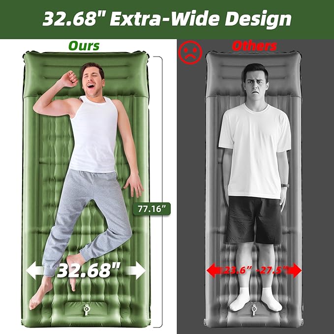 Sleeping Pad for Camping, 32.68 Inch Extra Wide Camping Mat with Pillow, Inflatable Sleeping Pads with Built-in Foot Pump, Air Mattress Extra Thick 5.11 Inch for Backpacking, Hiking, Tent (Army Green)