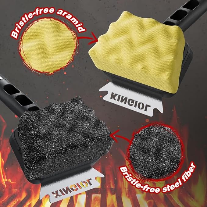 Grill Brush for Outdoor Grill - Bristle Free Grill Cleaner Brush, BBQ Brush with Durable Scraper for Cast Iron or Stainless-Steel Grates, 2 Replaceable Heat-Resistant Heads (Grill Brush Yellow)