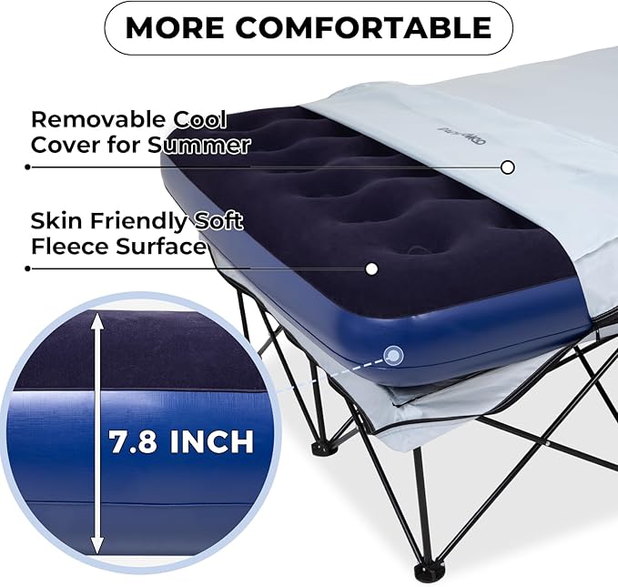 FUNDANGO 2 Person Cot Queen Size, Folding Airbed Mattress, Double Camp Bed with 2 Cup Holders, Removeable Cover for Adults Outdoor Travel,Carry Bag Included (Grey)