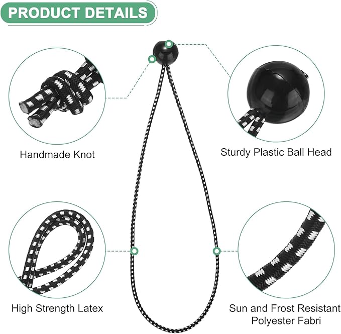 50-Pack Ball Bungee Cords, 12 Inch High Elastic Canopy Tarp Tie Down Bungee Balls for Camping/Tent/Cargo Holding Wire Hoses/Patio Umbrellas/Shelter [Black White]