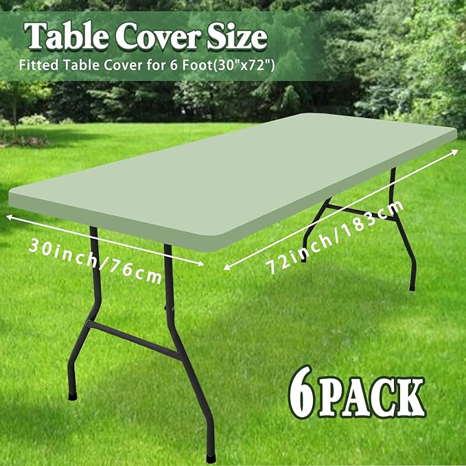 6 Pack Picnic Table Cover Elastic Fitted Outdoor Tablecloths for 6 Foot Rectangle Table Waterproof Stretch Washable Patio Folding Spandex Tablecloth for Camping Banquet Parties (Sage Green,30" x 72")