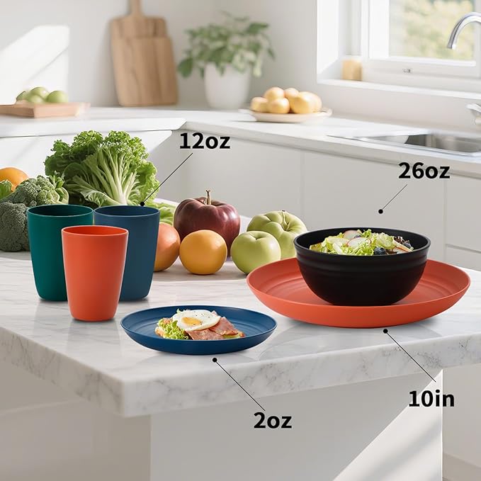 32 pcs Wheat Straw Dinnerware Sets Kitchen Plates and Bowls Sets for 8 Plastic Plates Reusable Dishes Set Outdoor Camping and Dinning Essentials Dishwasher Safe