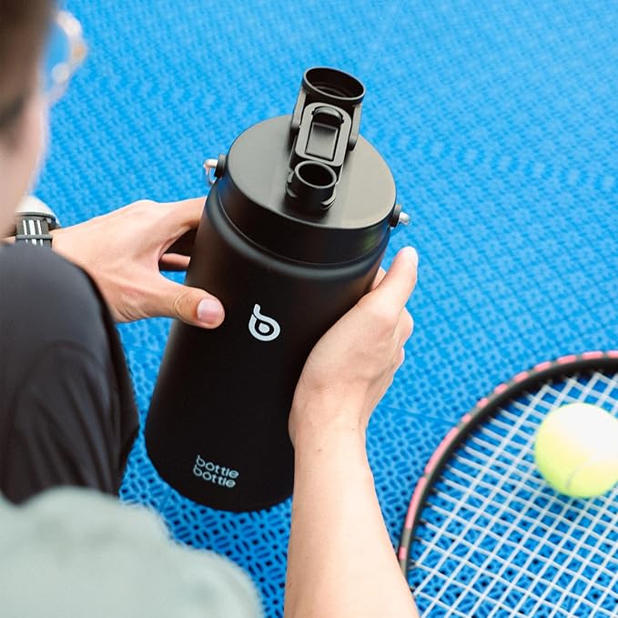 BOTTLE BOTTLE Insulated Water Bottle 64 oz with Straw and Dual-use Lid Half Gallon Water Jug Vacuum Stainless Steel for Workout and Sports Insulated Beer Growler with Handle Dark black