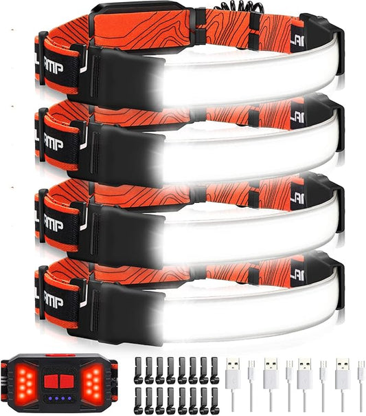 Adelante LED Headlamp Flashlight, 4Pack 1000LM 230°Wide-Beam Rechargeable Head Lamp for Adults, Red Taillight & 16 Clips Waterproof Hard Hat Light Headlamps for Running Hiking and Camping