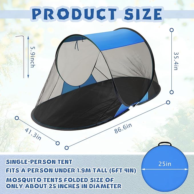 Pop up Mosquito Net Tents for Camping Instant Netting Screen Foldable Pop Tent with Ground Pin Waterproof Freestanding Insect Summer Bed Protection(86.61 x 41.34 x 35.43 inches,Blue,2 Pcs)