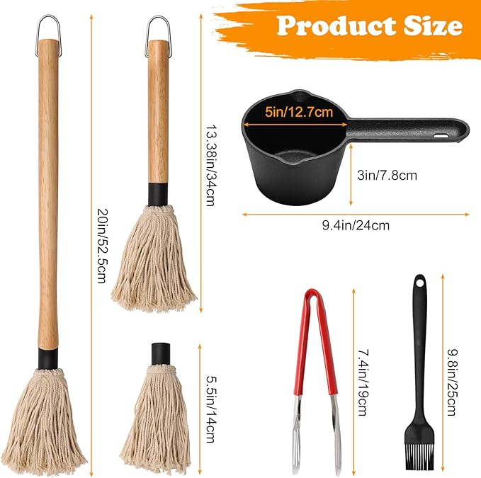 BBQ Mop Brushes for Sauce and Cast Iron Sauce Pot, 11Pcs Valuable Basting Brush Set for Grilling, BBQ Sauce Basting Mops Kit Multiple Replaceable Heads for BBQ Basting Mop