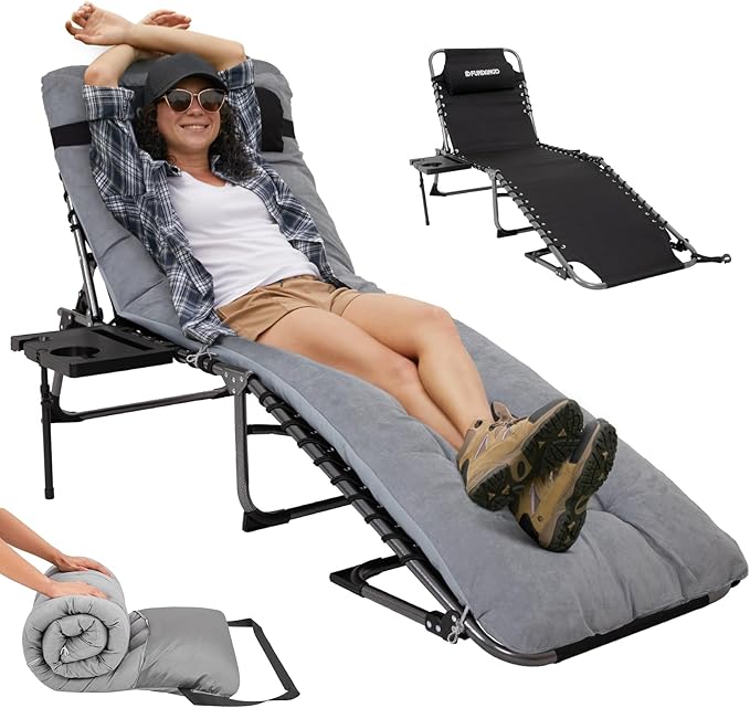 FUNDANGO Folding Chaise Lounge Chair with Soft Pad & Side Table for Outside, Patio, Beach, Sunbathing, Adjustable 5 Position Portable Camping Reclining Chair with Pillow