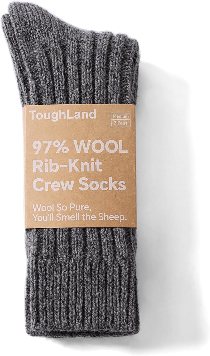 Tough Land 97% Merino Wool Crew Socks for Men & Women 2 Pairs – Classic Rib, Thick Wool Socks for Hiking, Work, Ski