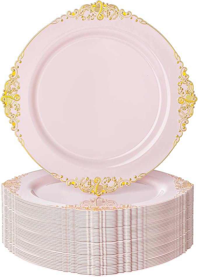 Nervure 100PCS Pink and Gold Plastic Plates - 10.25Inch Pink Disposable Plates - Plastic Dinner Plate for Weddings & Parties & New Year