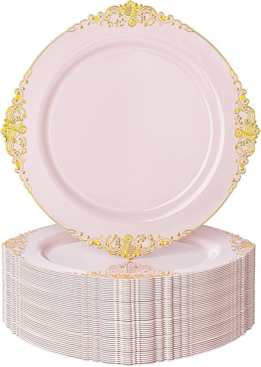 Nervure 100PCS Pink and Gold Plastic Plates - 10.25Inch Pink Disposable Plates - Plastic Dinner Plate for Weddings & Parties & New Year