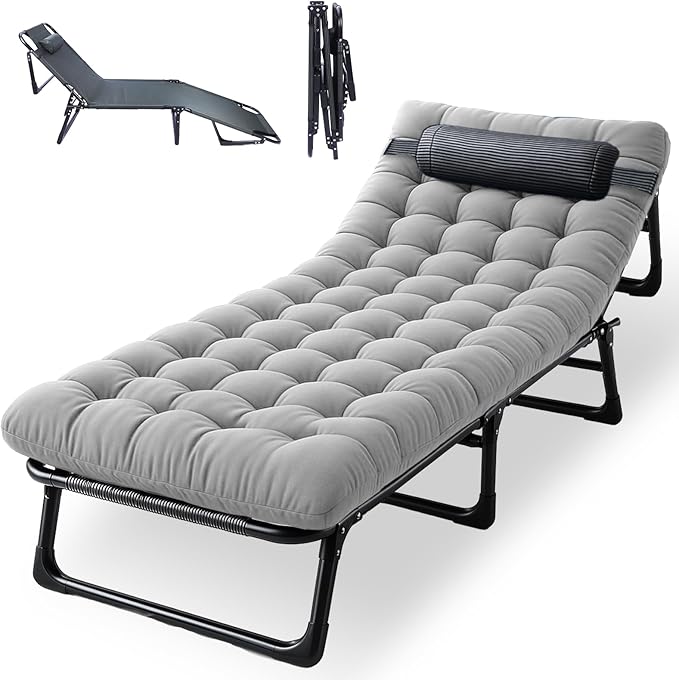 Portable Camping Cot for Adults with Removable Mattress, Double Layer 1200D 330lb Foading Cot, Heavy Duty Camping Bed with Pillow, 4-Position Reclining for Guest Sleeping (Gray)