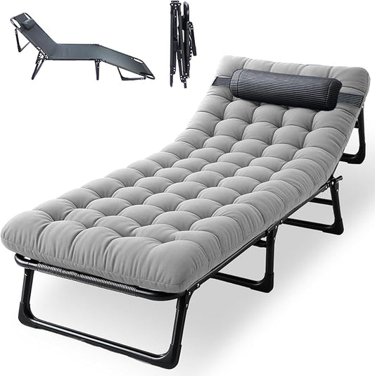 Portable Camping Cot for Adults with Removable Mattress, Double Layer 1200D 330lb Foading Cot, Heavy Duty Camping Bed with Pillow, 4-Position Reclining for Guest Sleeping (Gray)