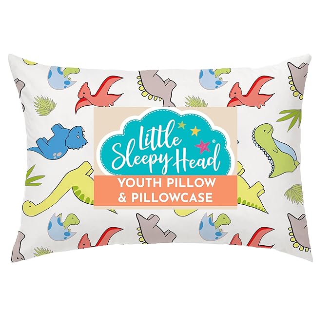 Little Sleepy Head Youth Pillow with Pillowcase 16x22, Soft Jumbo Toddler Pillow & Hypoallergenic Pillowcase - Best Kids Pillows for Sleeping, Perfect Kids Travel Pillow (Dinosaurs White)
