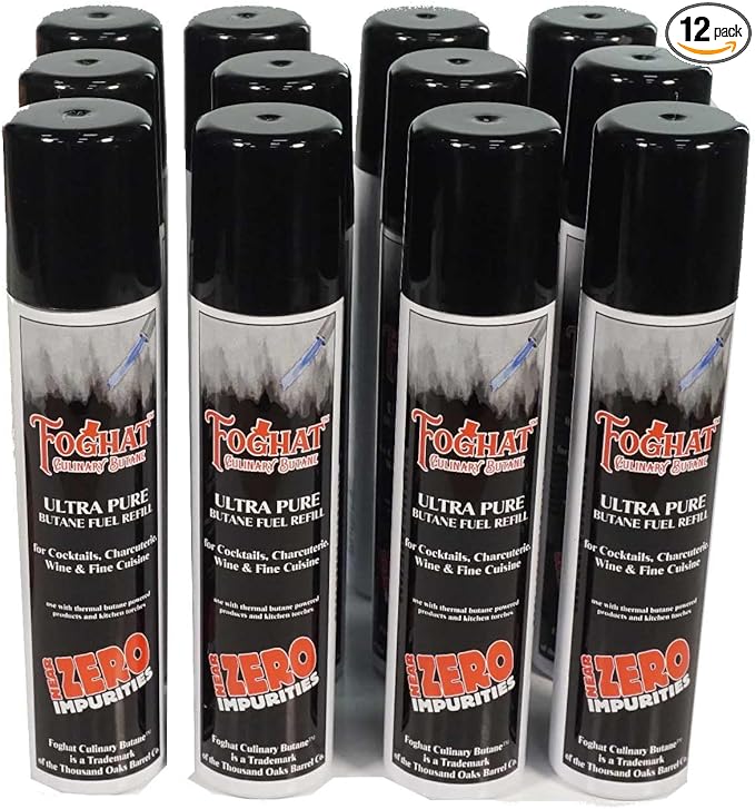 Foghat Culinary Butane Fuel Refill (Case pack 12 x 60ml) - Torch Lighter Butane Refill Canister, Fits All Kitchen Smoking Torches - Food Grade Ultra Refined For Cocktail Smoker Kit, Creme Brulee Torch