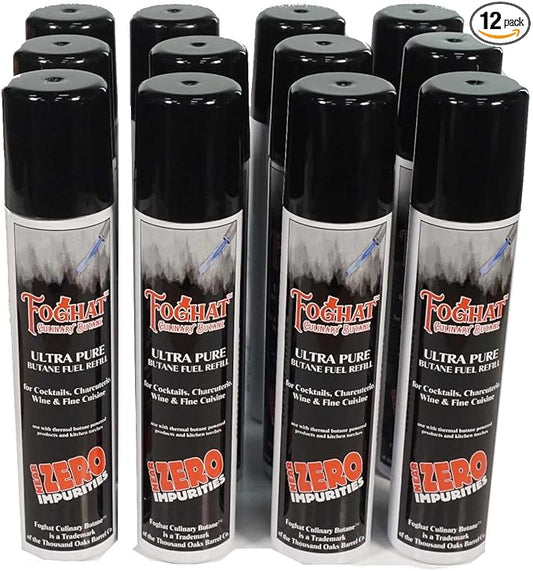 Foghat Culinary Butane Fuel Refill (Case pack 12 x 60ml) - Torch Lighter Butane Refill Canister, Fits All Kitchen Smoking Torches - Food Grade Ultra Refined For Cocktail Smoker Kit, Creme Brulee Torch