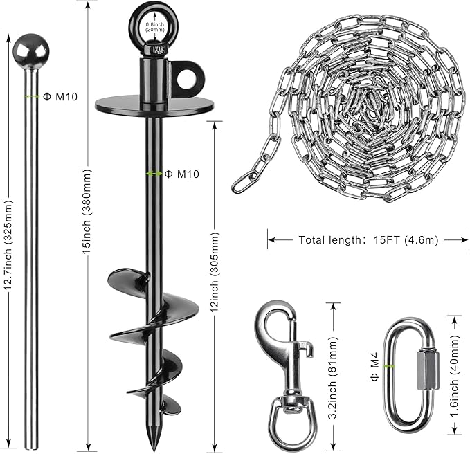 Dog Tie Out Chains and Stake, 15ft Chew Proof Stainless Steel Dog Chains for Outside, 15" Heavy Duty Dog Anchor for Dogs Up to 125lbs, Fully Welded, No Tangle, Ideal for Yard and Camping