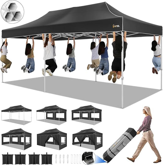 HOTEEL 10x20 Pop up Canopy Tent for Parties, Heavy Duty Easy Setup Tent with 6 Sidewalls, Outdoor Commercial Instant Gazebo for Wedding Event, with Roller Bag & Sand Bags, Black(Hexagonal Frame)