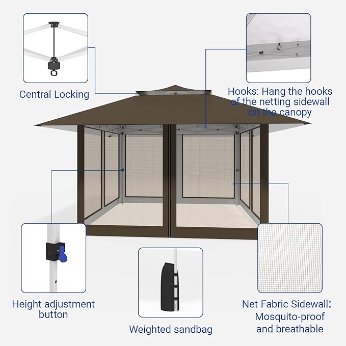 Favofamilie13x13 FT Pop Up Canopy, Instant Setup Gazebo with 4 Sidewall, Wheeled Carry Bag, 4 Sandbags & 4 Ropes, UV-Resistant Top, Heavy Duty Outdoor Shelter for Backyard Camping Events, Brown