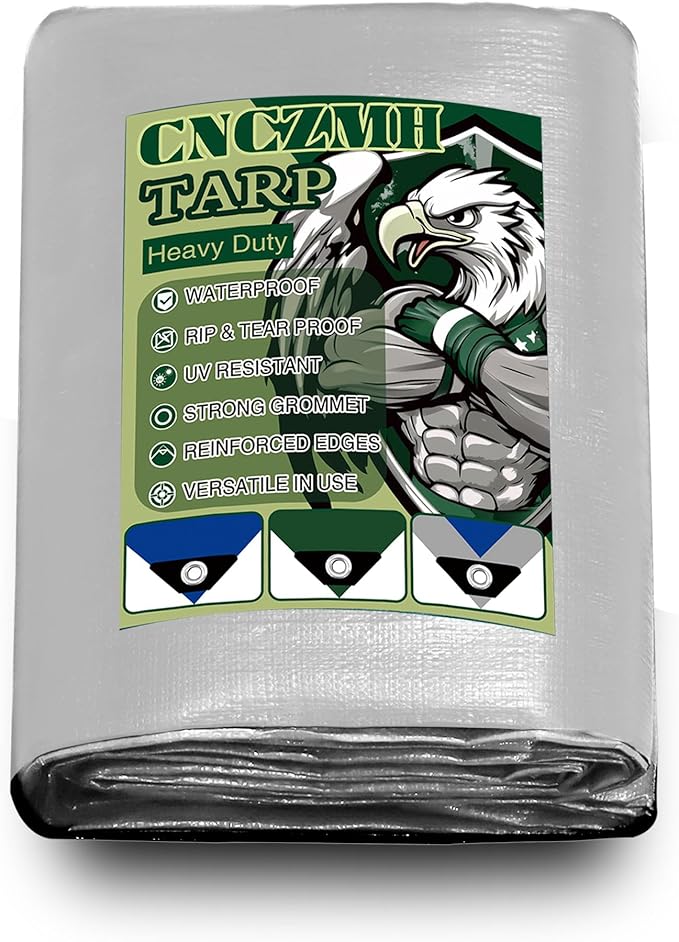 Heavy Duty Tarp Waterproof, 10 Mil Thick 14x14 Feet Finished Size Tarps Outdoor, Multipurpose Tarpaulin, Large Tarp for Emergency Rain Shelter Camping (Silver/Blue, 14x14ft)