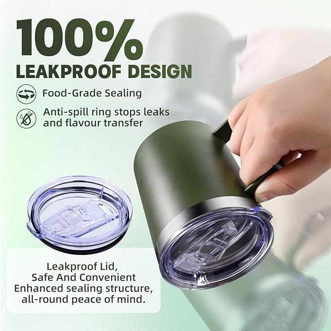 12oz Insulated Coffee Mug with Handle, Stainless Steel Wide Mouth Travel Tumblers with Lid, Double Wall Vacuum Coffee Cup for Camping, Office, Army Green 4 Pack