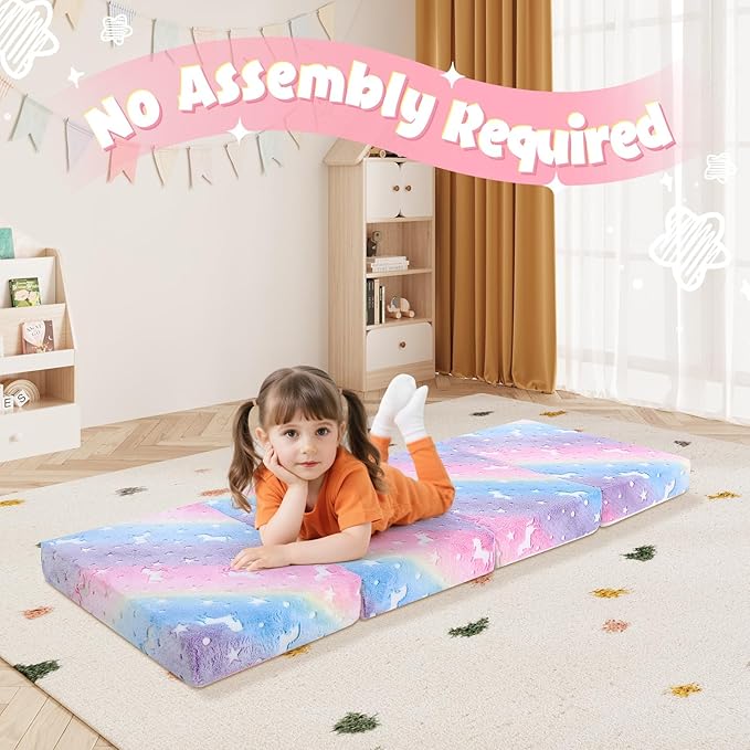 MeMoreCool Foldable Floor Mattress for Kids, Glow Toddler Nap Mat for Sleeping and Daycare, Portable Trifold Futon Mattress Floor Bed, Rainbow Unicorn
