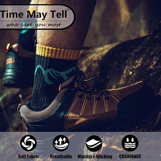 Time May Tell Mens Hiking Socks Moisture Wicking Cushion Crew Socks for Terkking,Outdoor Sports,Performance 2/4 Pack