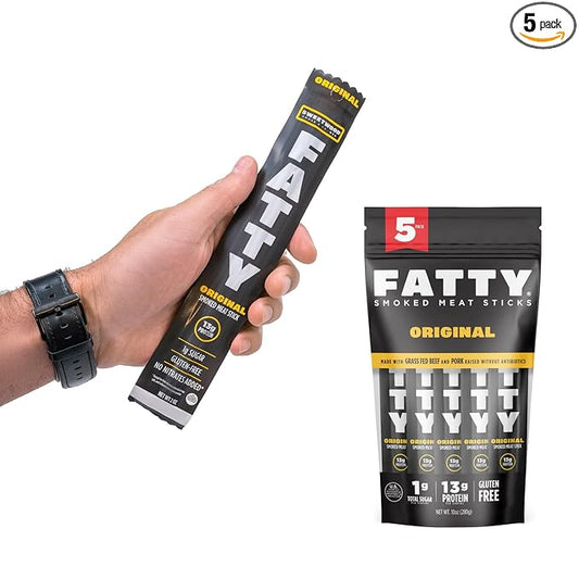 FATTY Meat Sticks, Made with Grass Fed Beef, Pork Raised Without Antibiotics, 13g Protein Per Stick, Original, 2 oz. (Pack of 5)