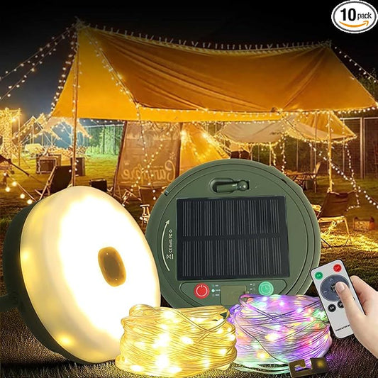Camping String Lights, 4 in 1 Quick Storage Camping Essentials Gear, 32.8FT Solar Camping String Lights with 8 Lighting Modes & Timer, Hanging Waterproof Portable LED Lamp for Camping Gear