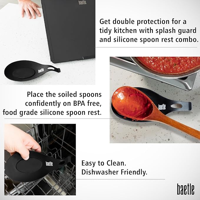 Extra Large Stainless Steel Oil Splash Guard, Heavy-Duty Nonstick Stove Backsplash Protector for Stove Top & Frying [Set of 2 with 2 Panels each - 15.7” x 15.7”] with Spoon Rest.