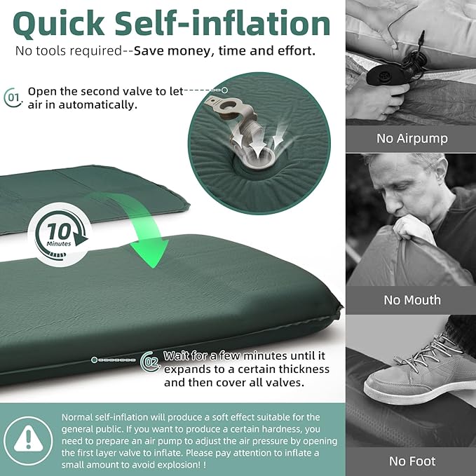 3.15" Self Inflating Camping Sleeping Pad, Ultra-Thick Elasticity Foam Fast Inflating 4-Season Insulated Durable Camping Mat Air Mattress with Pillow, for Tent, Car, Camping, Traveling, Green