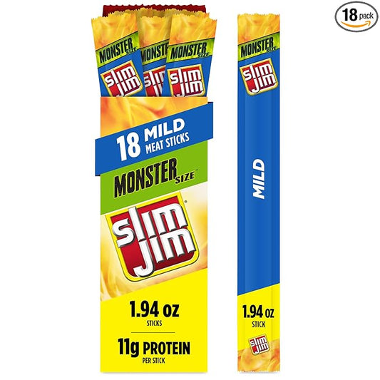 Slim Jim Monster Smoked Meat Sticks, Mild Flavor, High Protein, 1.94 oz. (18 Count)