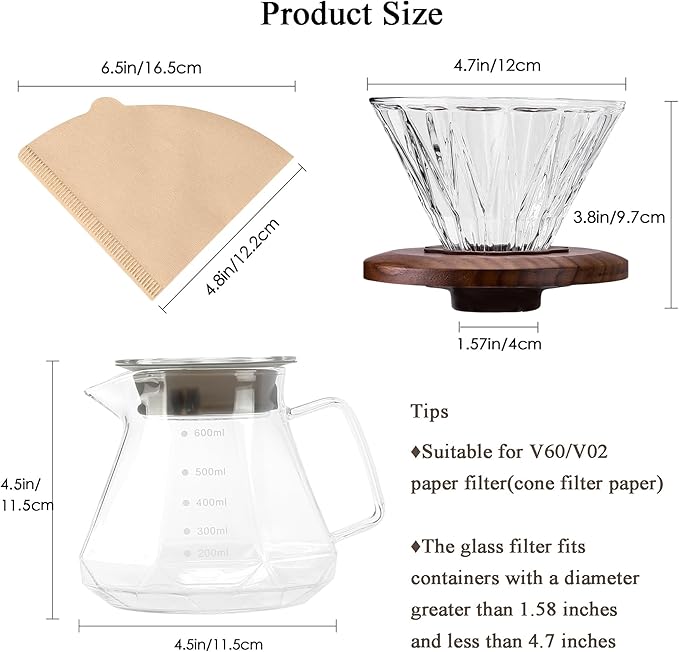 Pour Over Coffee Maker, 20 oz Borosilicate Glass Carafe with 100 pcs Size 02 Paper Filter, Walnut Handle & Glass Lid, 600 ml, Clear