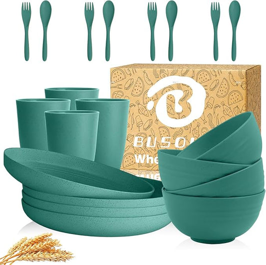 Wheat Straw Dishes Sets for 4 | Unbreakable Plastic Plates and Bowls Sets 20 PCS, Kids Dinnerware Set for Outdoor Camping, Dorm, Kitchen, Microwave Safe Kids Plates, bowls,Cups (Green)
