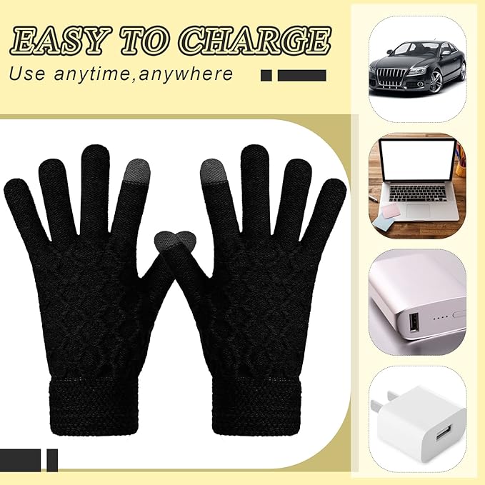 Bencailor 2 Pairs Usb Winter Heated Gloves Mitten Hand Washable Knitting Touchscreen Laptop Gloves