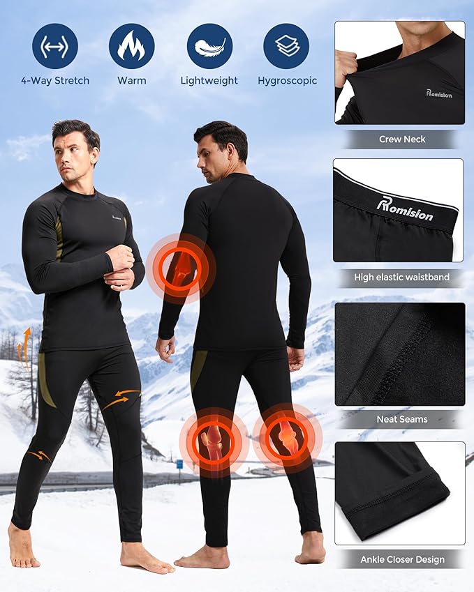 romision 2 Pack Thermal Underwear for Men Long Johns Fleece Lined Hunting Gear Bottom Top Set Base Layer Cold Weather XS-4XL