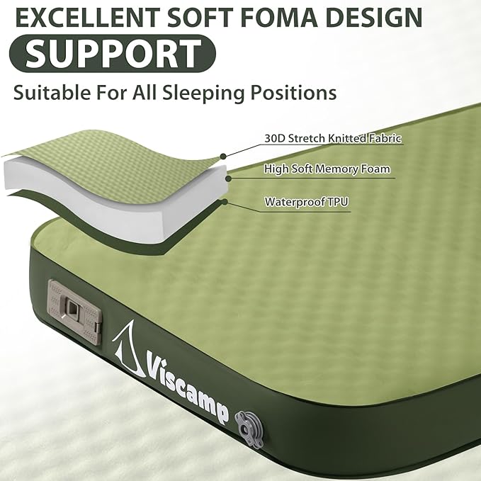 Double Sleeping Pad, 4" Thickness Memory Foam Camping Pad Self Inflating Camping Mattress Sleeping Pad Camping Mat for Camping(Green)