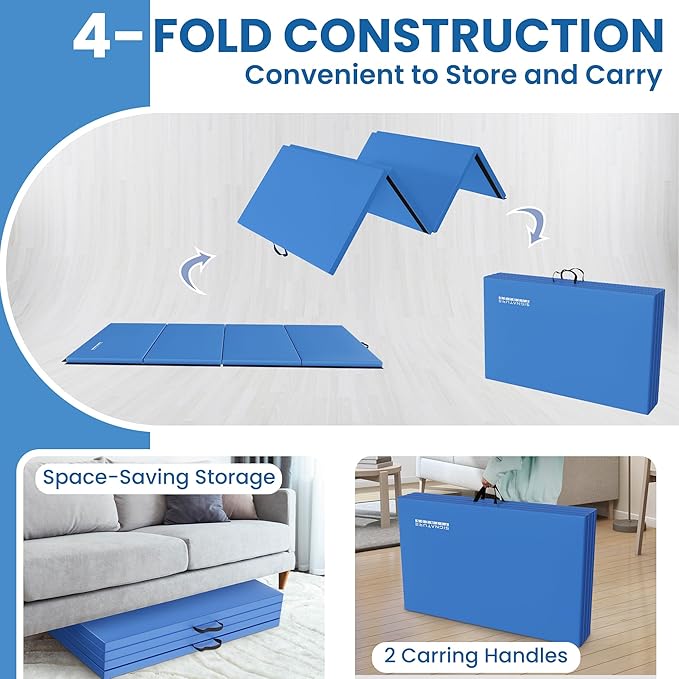 Folding Exercise Gymnastics Mat 10'x4'x2" Gym Workout Mat with Carrying Handles High-Density Anti-Tear Portable Fitness Aerobics Mats for Home Gym Yoga Pilates Tumbling MMA Core Training, Multiple Colors