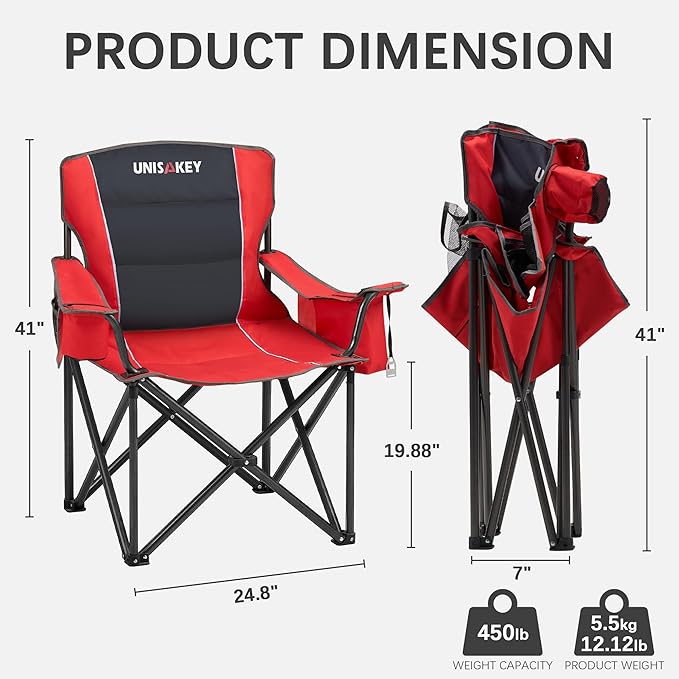 Oversized Folding Camping Chair for Adults - 450lbs Support - Heavy Duty Portable Lawn Chairs with Side Pocket Cup Holder Cooler Bag for Sports Garden Beach Fishing, Red