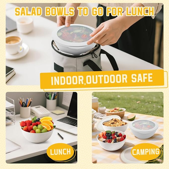 Homienly Wheat Straw Cereal Bowls with Lids, Unbreakable Plastic Bowls Set of 4, Microwave and Dishwasher Safe Food Storage Container for Lunch, Soup, Ramen, 40 OZ Bowls with Curved Texture, White