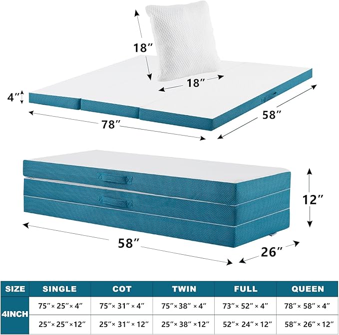 SINWEEK Memory Foam Folding Mattress, 4 Inch Foldable Trifold Mattress Topper, CertiPUR-US Certified Guest Bed with Cooling Cover & Waterproof Lining
